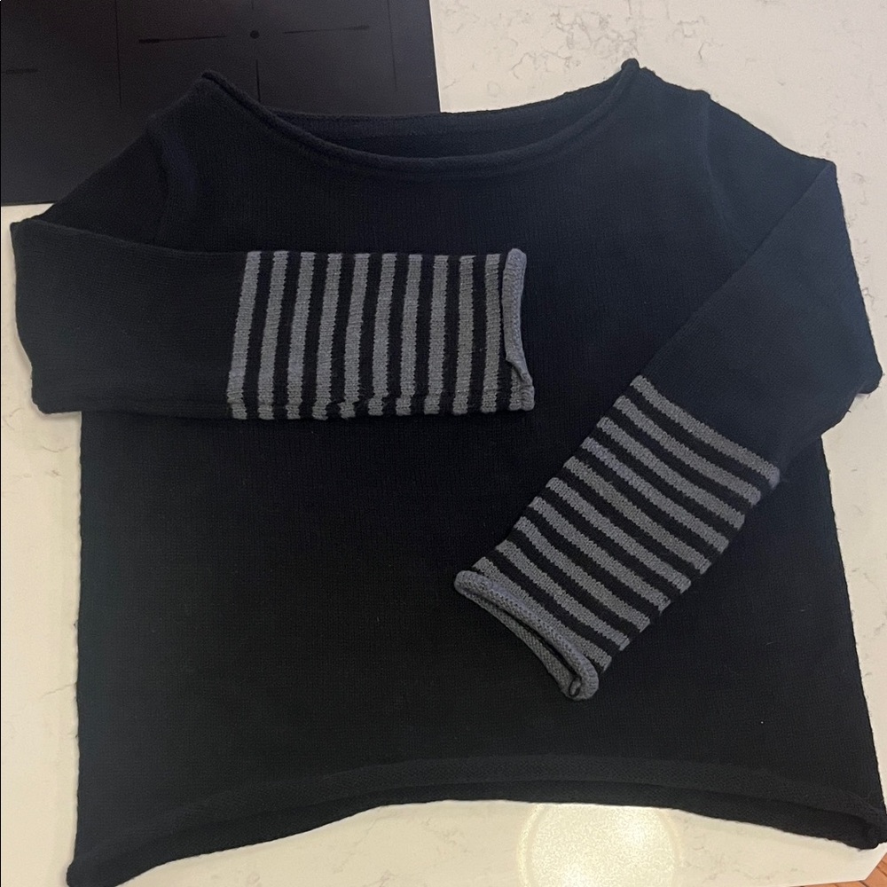 Black Crewneck Sweater with Gray Stripe Cuffs
